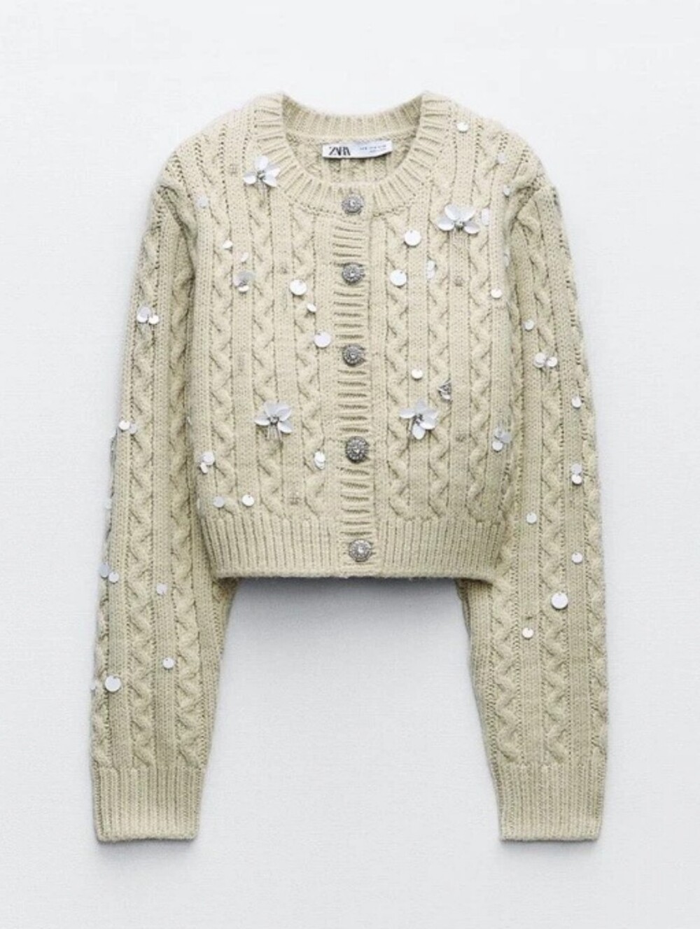 Zara Cream Sequin Cable-Knit Cropped Cardigan - Picture 1 of 5